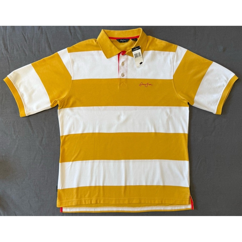 NWT Sean John Men's XL Yellow White Striped Long Sleeve Polo Rugby Shirt